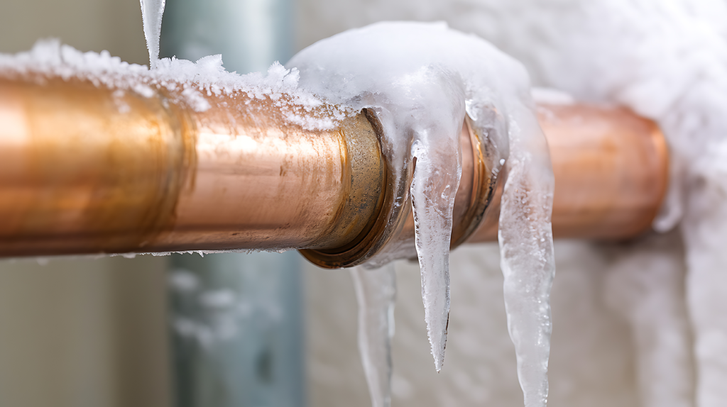 protect your home from freeze damage photo of frozen copper pipe with ice hanging from it